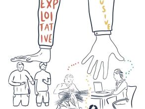 An illustration of two large hands, one pushing two people down and the other lifting office workers up